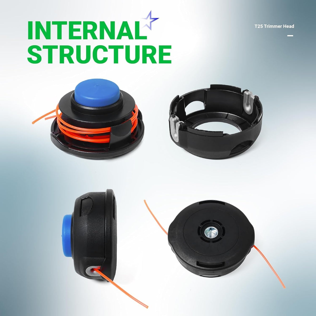 Internal structure components of T25 trimmer head for Husqvarna, showing spool, housing, and assembly angles.