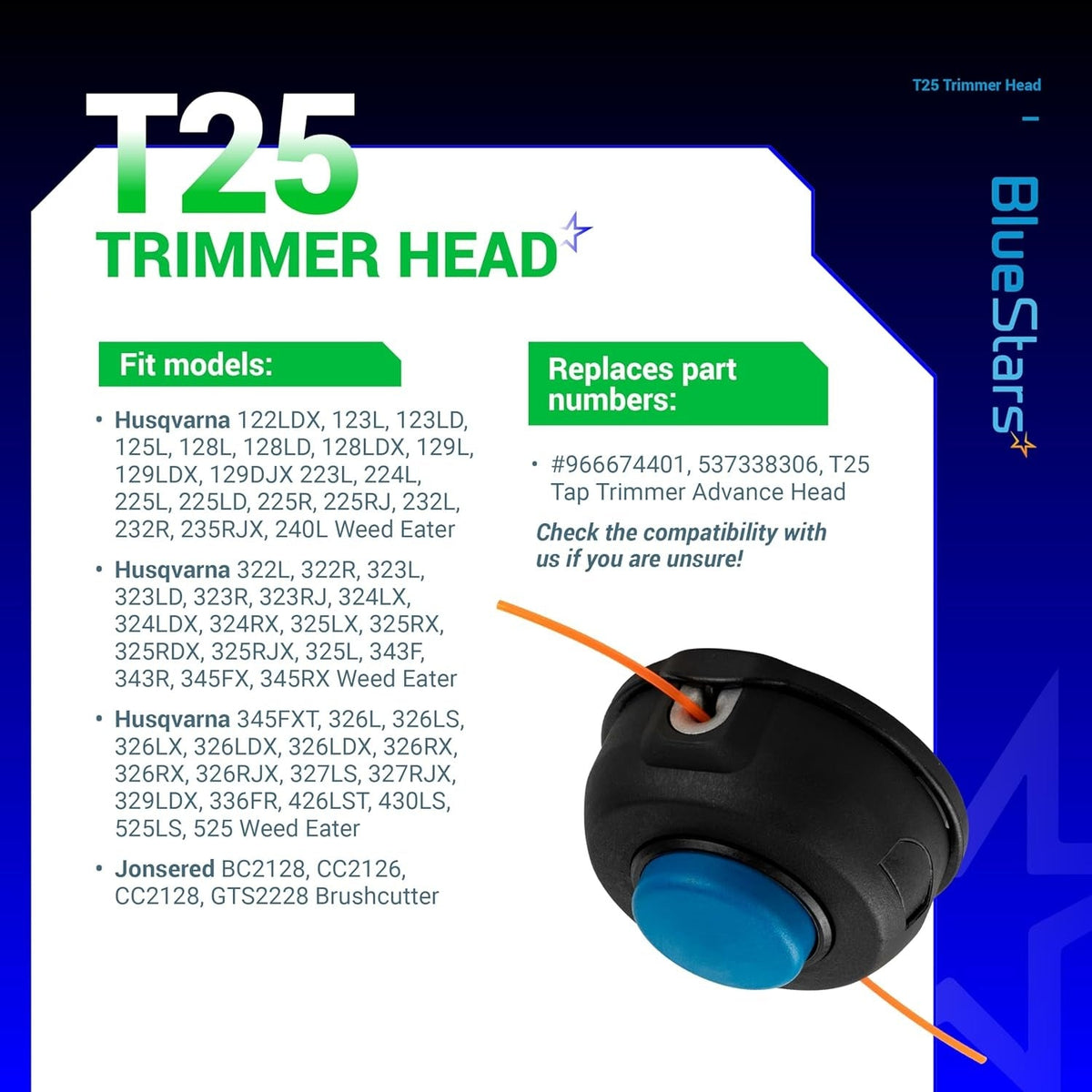 T25 trimmer head compatibility chart and product image for Husqvarna weed eaters.