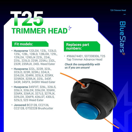 T25 trimmer head compatibility chart and product image for Husqvarna weed eaters.