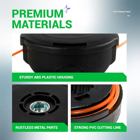 T25 trimmer head showing durable ABS housing, metal mounting hardware, and heavy-duty cutting line.