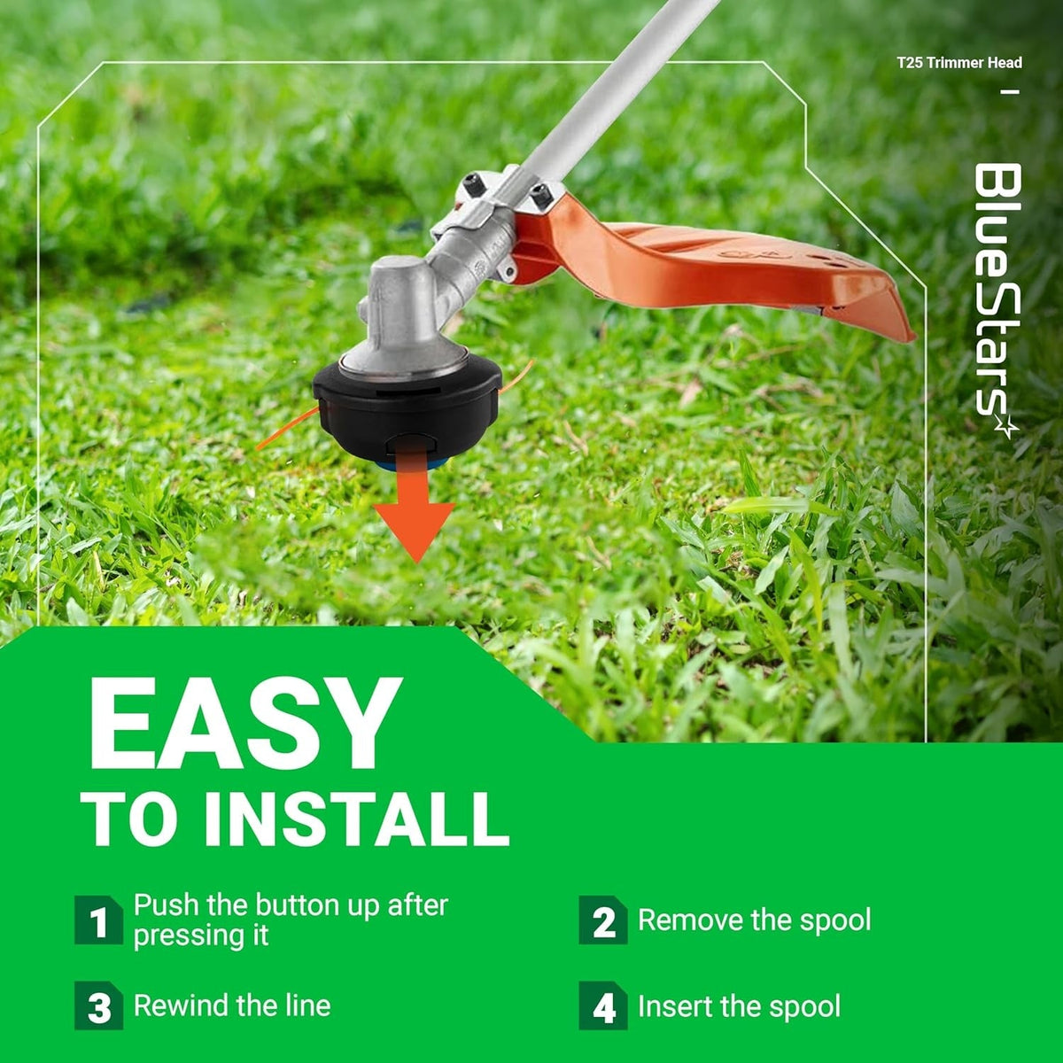 T25 trimmer head installed on a Husqvarna string trimmer showing easy spool installation steps.