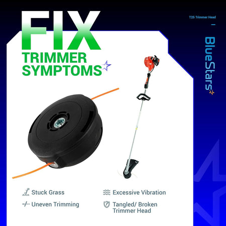 T25 trimmer head replacement for Husqvarna string trimmers shown with a full trimmer unit and symptom repair guide.