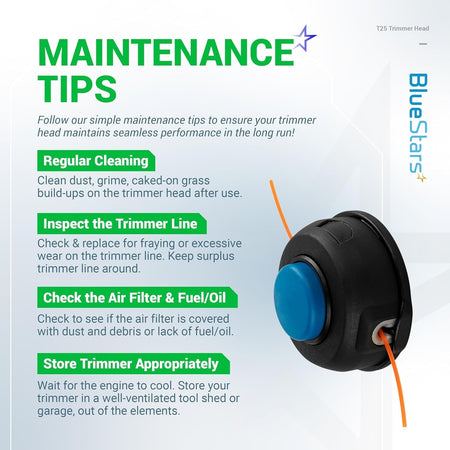 Infographic showing maintenance tips for the T25 trimmer head compatible with Husqvarna string trimmers.