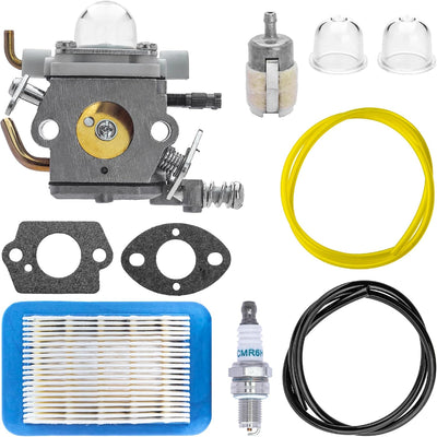 C1M-K76 C1M-K77 carburetor tune-up kit for Echo backpack blowers including carburetor, air filter, spark plug, and lines.