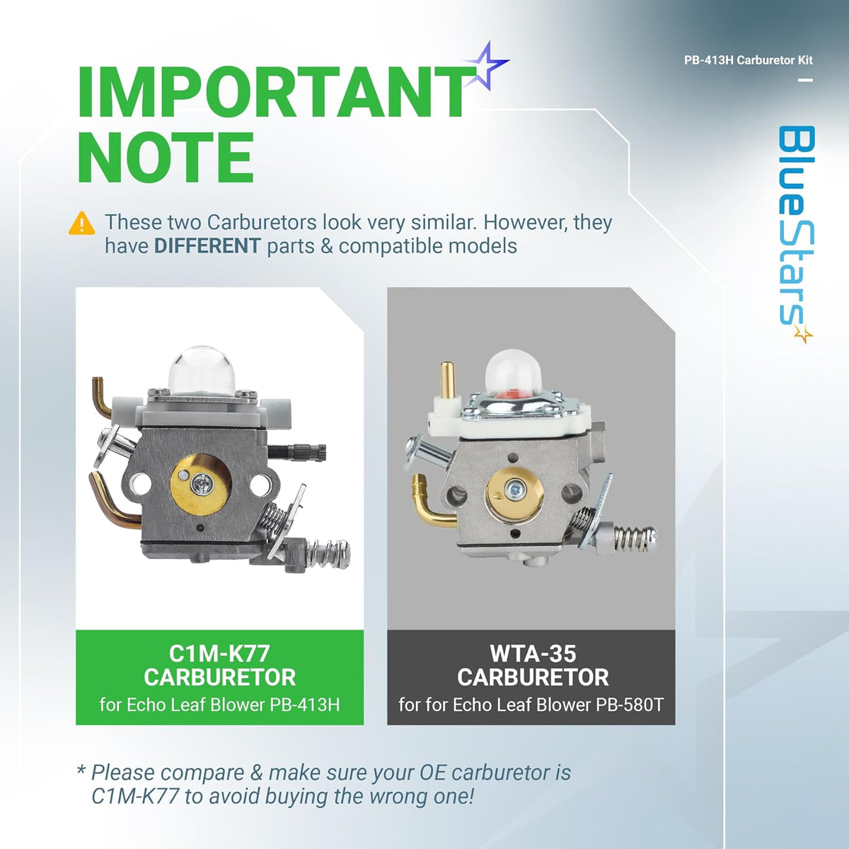 Comparison chart showing C1M-K77 and WTA-35 carburetors for Echo leaf blowers to help identify the correct replacement part.