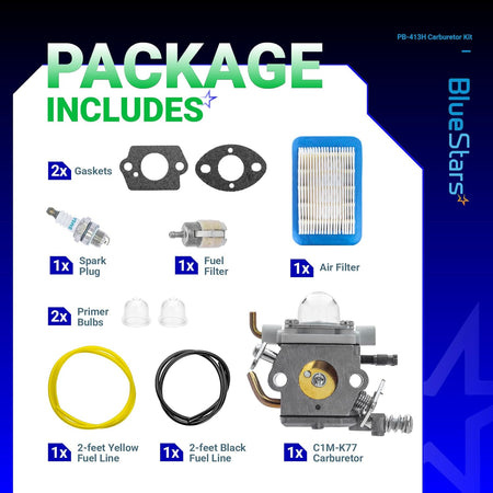 C1M-K77 carburetor tune-up kit components including air filter, spark plug, gaskets, fuel lines, and primer bulbs.