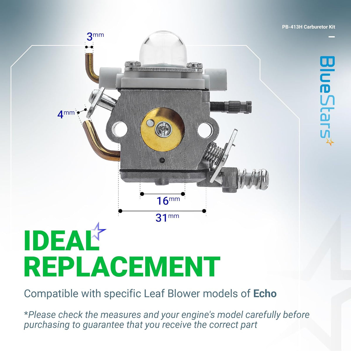 C1M-K76 C1M-K77 carburetor replacement for Echo backpack blowers with measurement labels and primer bulb.