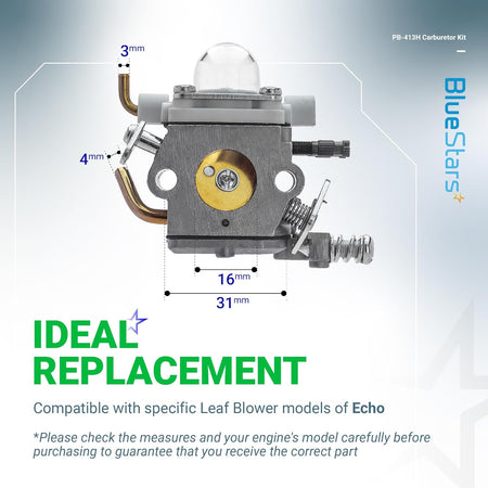 C1M-K76 C1M-K77 carburetor replacement for Echo backpack blowers with measurement labels and primer bulb.
