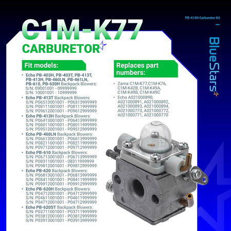 C1M-K77 carburetor for Echo backpack blowers with compatibility chart and replacement part numbers.