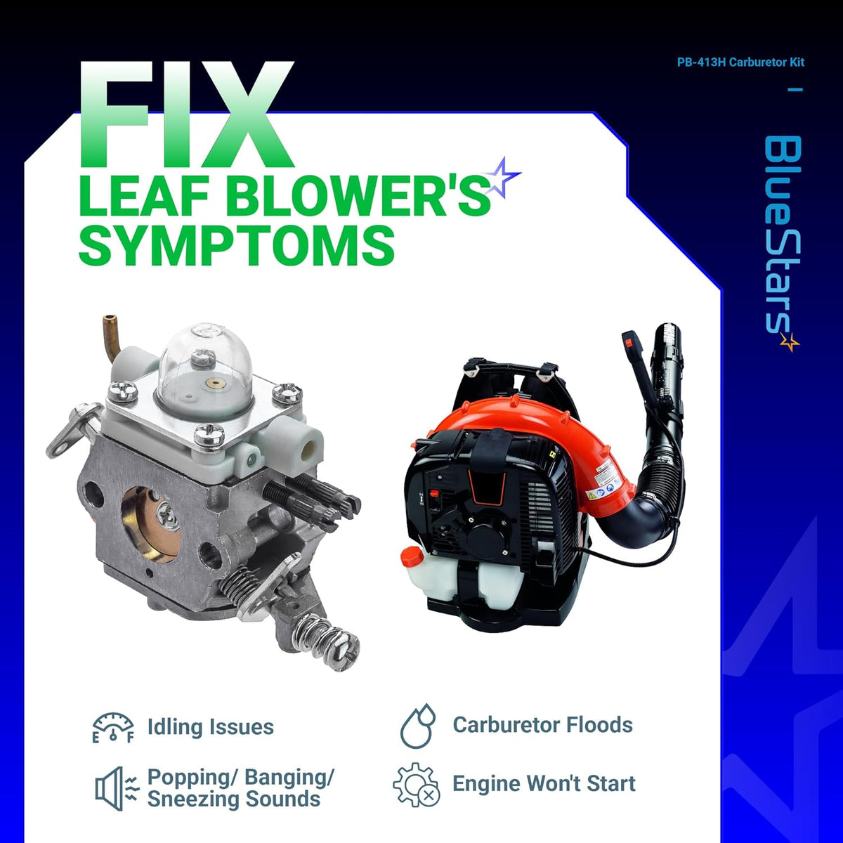 C1M-K76 C1M-K77 carburetor and Echo backpack blower showing common engine repair symptoms and troubleshooting guide.