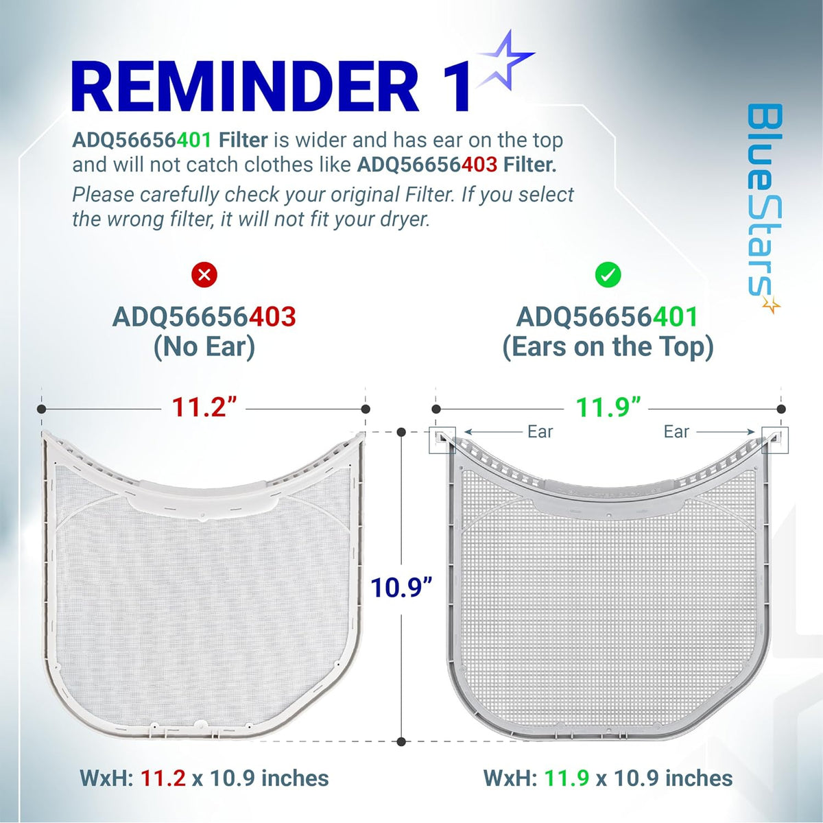 ADQ56656401 Dryer Lint Filter dimensions diagram comparing 11.9 x 10.9 inches with ADQ56656403