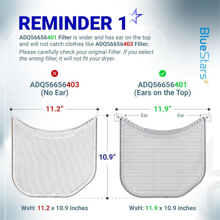 ADQ56656401 Dryer Lint Filter dimensions diagram comparing 11.9 x 10.9 inches with ADQ56656403