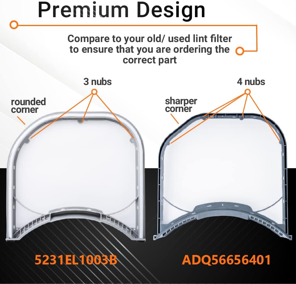 Comparison chart showing differences between ADQ56656401 and 5231EL1003B dryer lint filters by nubs and corner shape.