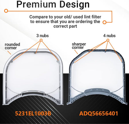 Comparison chart showing differences between ADQ56656401 and 5231EL1003B dryer lint filters by nubs and corner shape.
