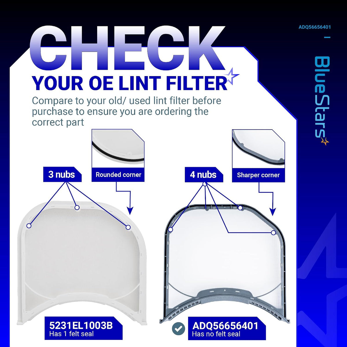 ADQ56656401 Dryer Lint Filter Stainless Steel Mesh, comparison graphic showing 3-nub and 4-nub filters