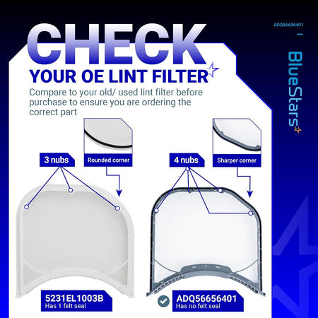 ADQ56656401 Dryer Lint Filter Stainless Steel Mesh, comparison graphic showing 3-nub and 4-nub filters