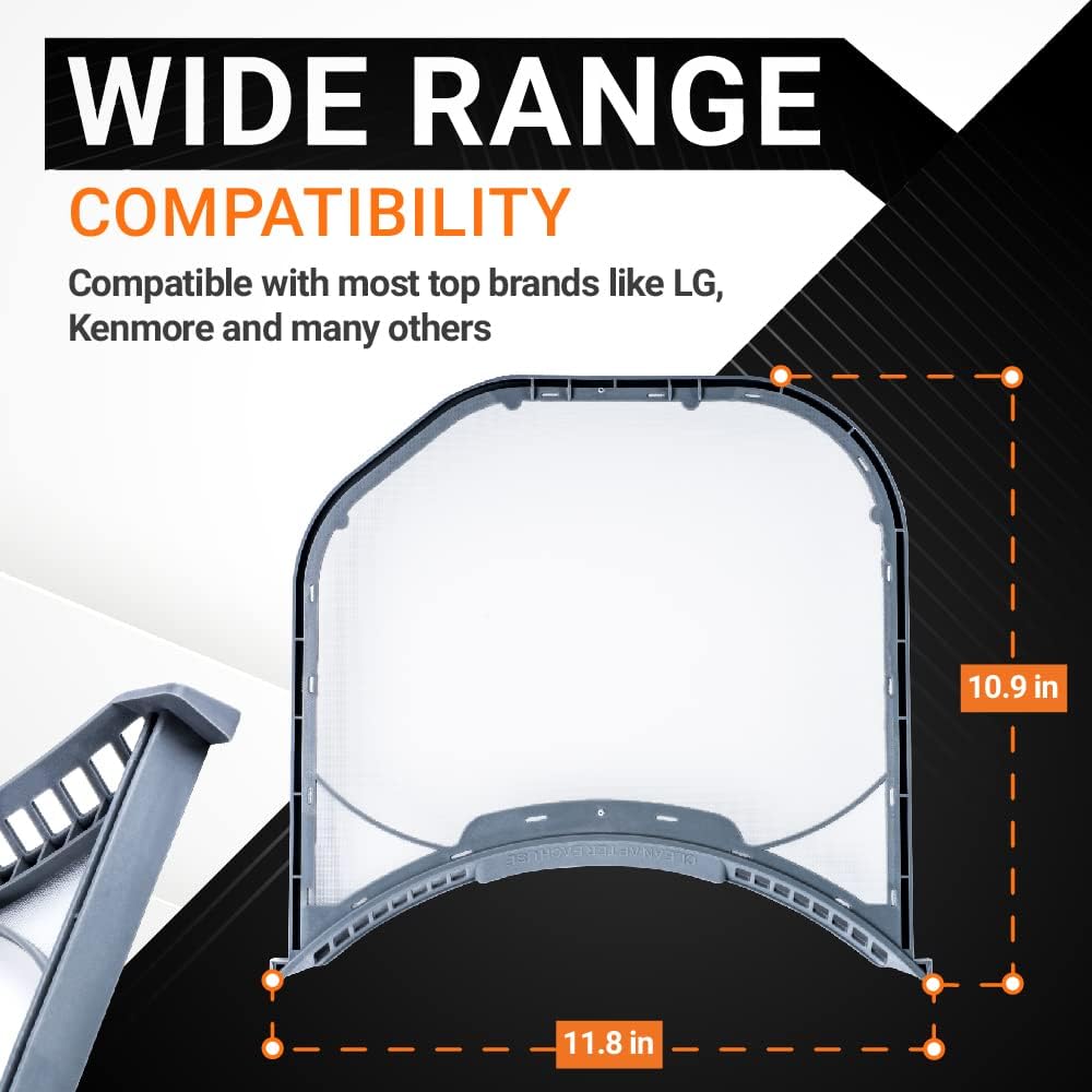 ADQ56656401 dryer lint filter showing 11.8 inch by 10.9 inch dimensions for LG and Kenmore compatibility.