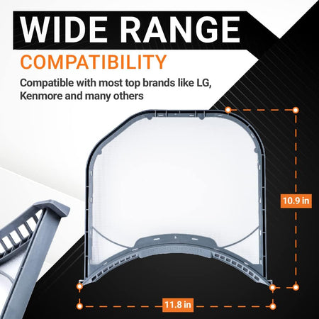 ADQ56656401 dryer lint filter showing 11.8 inch by 10.9 inch dimensions for LG and Kenmore compatibility.