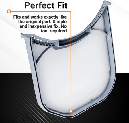 ADQ56656401 dryer lint filter with stainless steel mesh, shown with Perfect Fit installation text overlay.