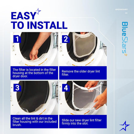 ADQ56656401 Dryer Lint Filter Stainless Steel Mesh installation graphic showing four replacement steps