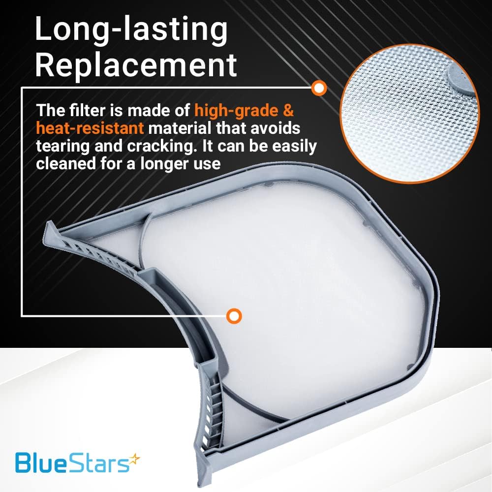 ADQ56656401 dryer lint filter showing durable stainless steel mesh construction and heat-resistant frame details.