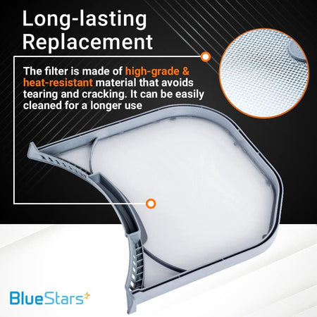 ADQ56656401 dryer lint filter showing durable stainless steel mesh construction and heat-resistant frame details.