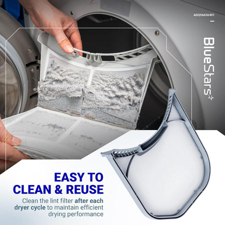 ADQ56656401 Dryer Lint Filter Stainless Steel Mesh shown being removed from a dryer and cleaned, with a separate filter view