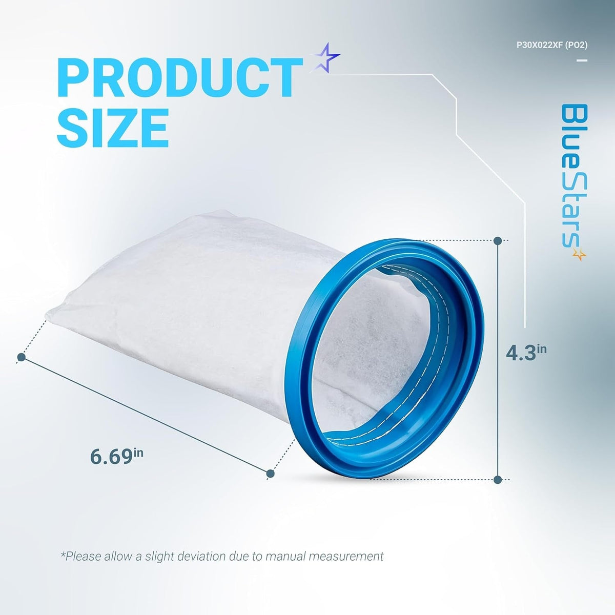 Dimensional diagram of P30X022XF X-treme multilayer pool vacuum filter bag showing 6.69-inch length and 4.3-inch diameter.