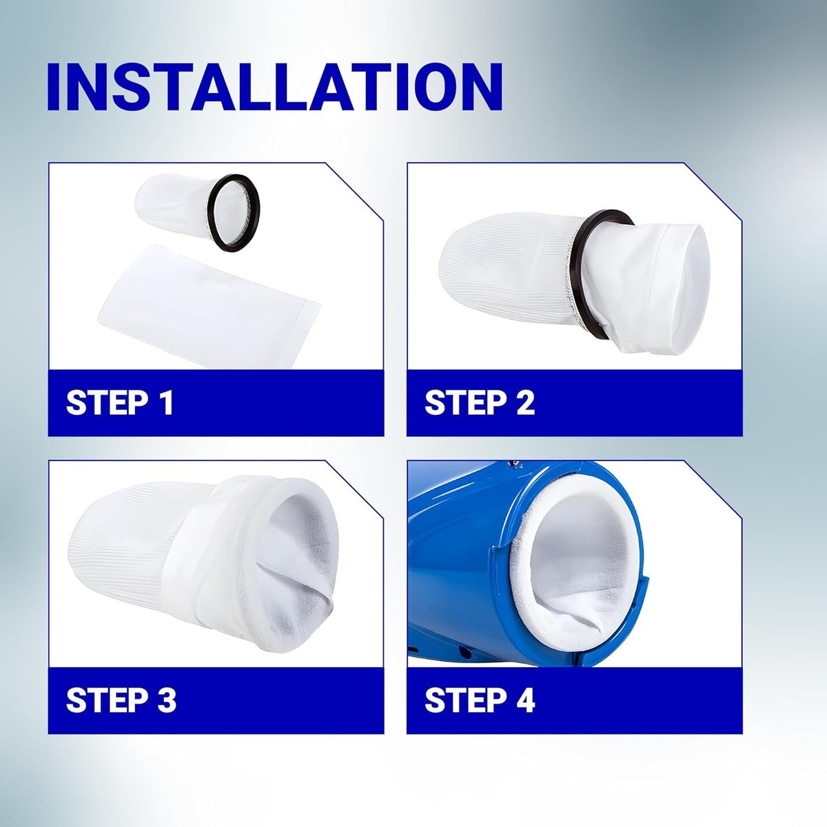 Four-step installation guide for P30X022XF X-treme multilayer filter bag into a handheld pool vacuum.