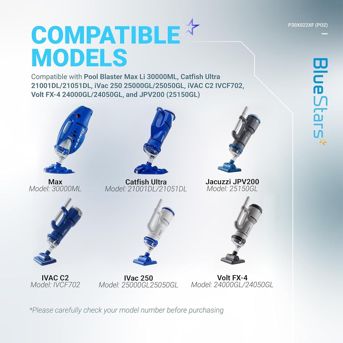 Compatibility chart for P30X022XF filter bag showing supported handheld pool vacuum models.