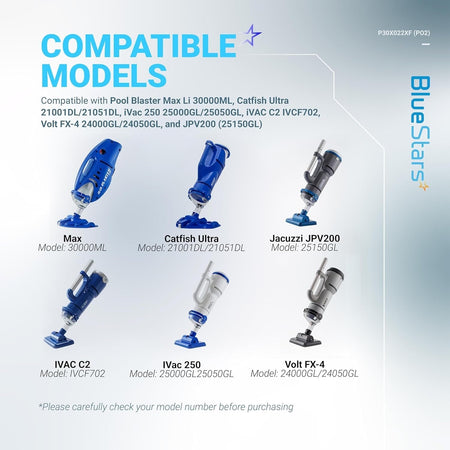 Compatibility chart for P30X022XF filter bag showing supported handheld pool vacuum models.
