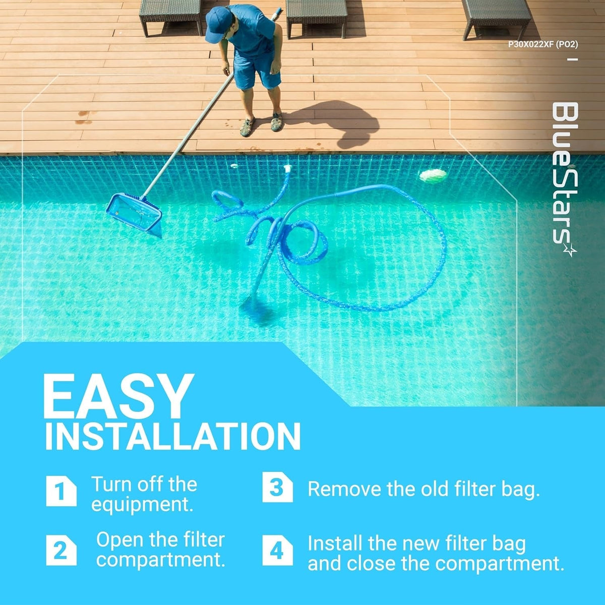 Infographic showing easy installation steps for P30X022XF X-treme Multilayer Filter Bag for handheld pool vacuums.