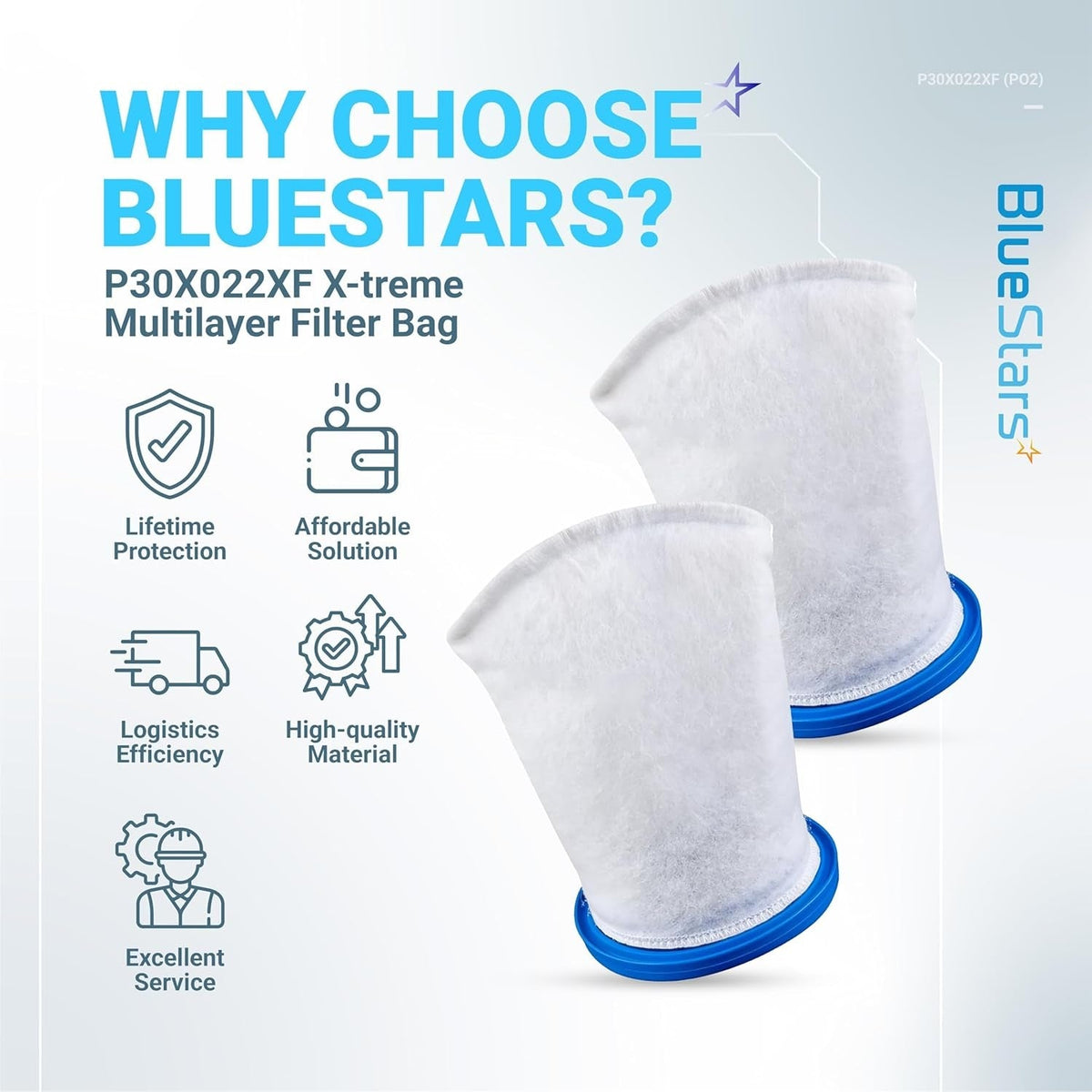 Two P30X022XF X-treme multilayer filter bags for handheld pool vacuums with BlueStars branding and benefit icons.