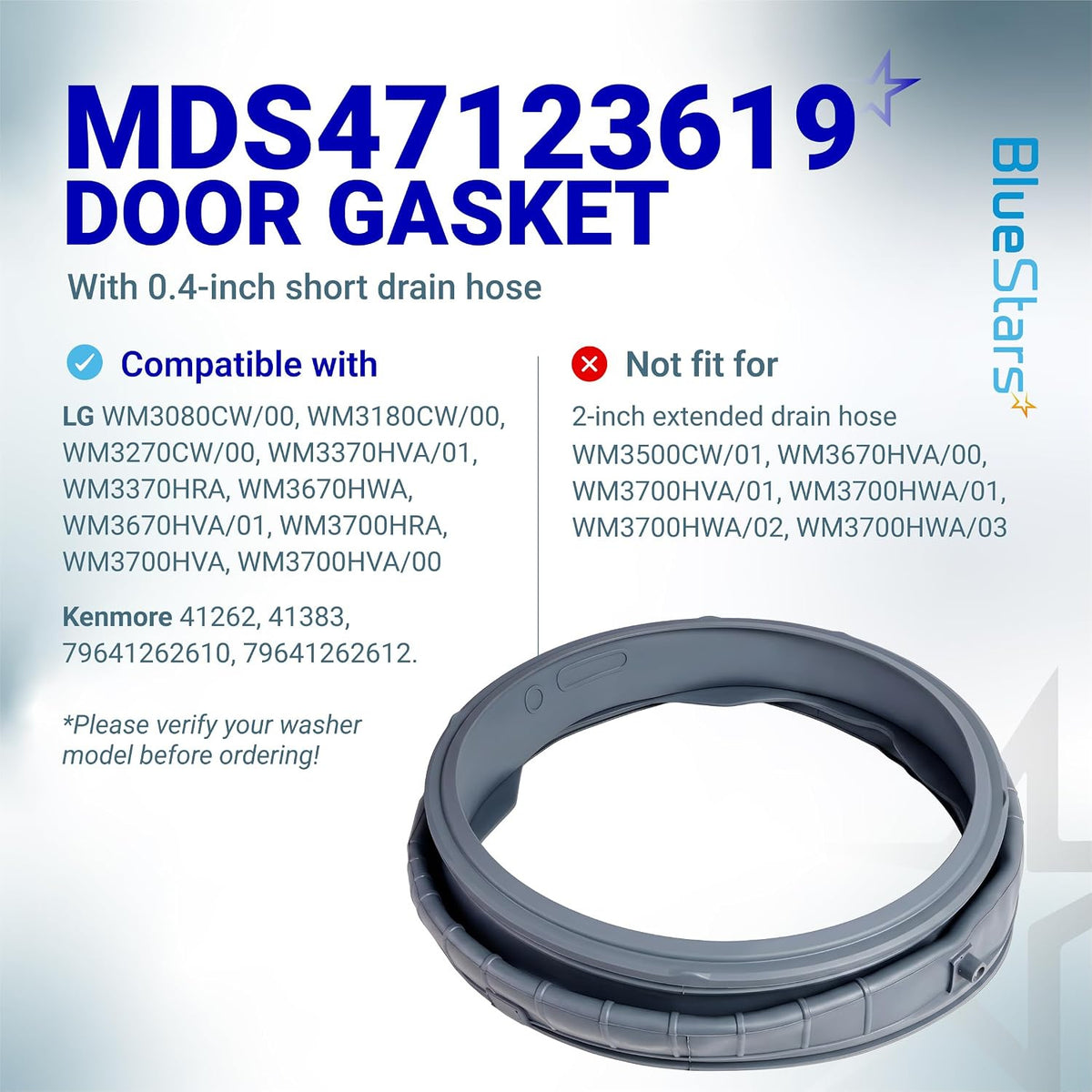 MDS47123619 washer door gasket graphic showing gasket and compatibility text with 0.4-inch short drain hose