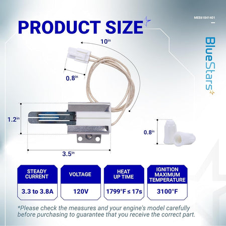 Dimensional diagram of MEE61841401 range oven igniter showing technical specifications and measurements.