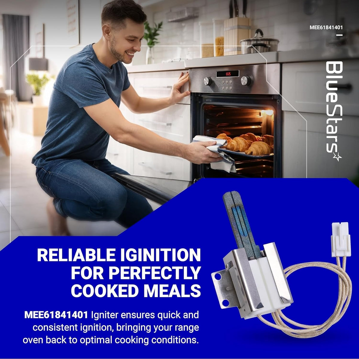 MEE61841401 range oven igniter replacement part shown with a man baking in a gas range oven.