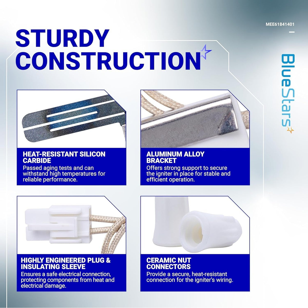Infographic showing construction details of MEE61841401 range oven igniter components including silicon carbide and bracket.