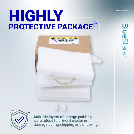 MEE61841401 oven igniter in protective foam packaging with warning label for safe shipping.