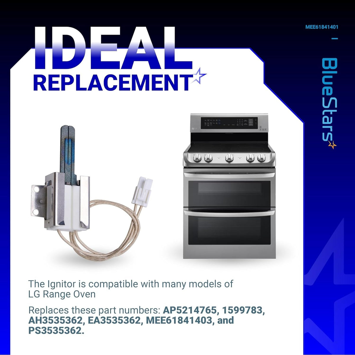 MEE61841401 oven igniter replacement for LG gas ranges with wire harness and mounting bracket.