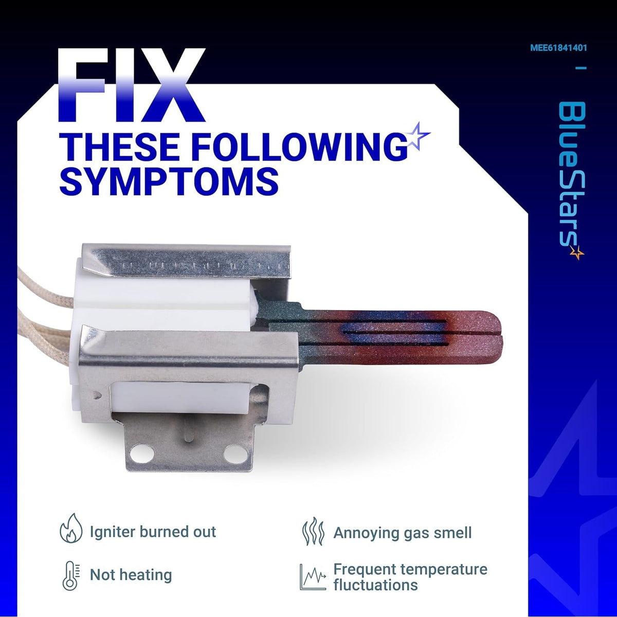 MEE61841401 range oven igniter replacement part shown with a list of common appliance repair symptoms.