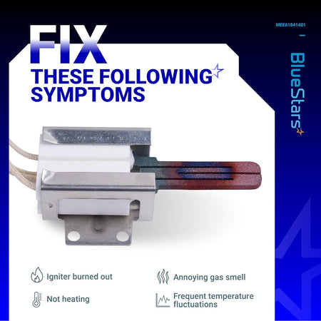 MEE61841401 range oven igniter replacement part shown with a list of common appliance repair symptoms.