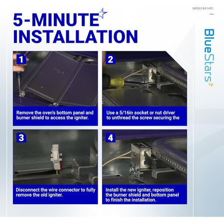 Four-step installation guide for MEE61841401 LG gas range oven igniter replacement.