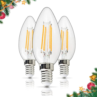 Pack of three C35 4W E14 LED filament bulbs with clear glass and warm white light.