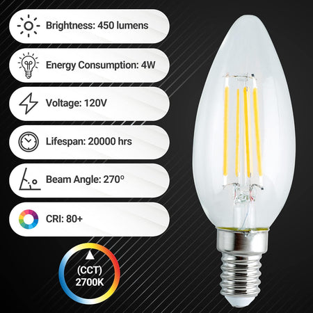C35 4W LED bulb with E14 base and technical specification infographic showing 2700K warm white light.