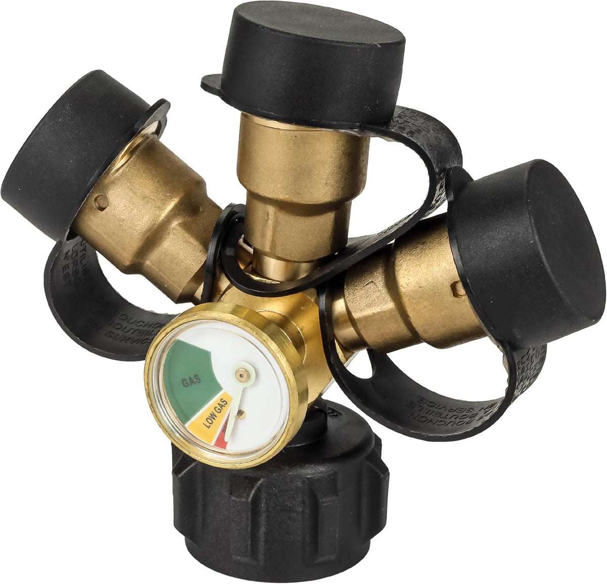 3-way brass propane splitter connector with integrated gas level gauge and protective black dust caps.