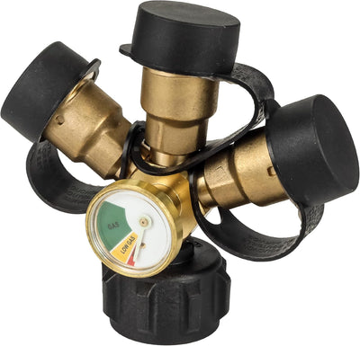3-way brass propane splitter connector with integrated gas level gauge and protective black dust caps.