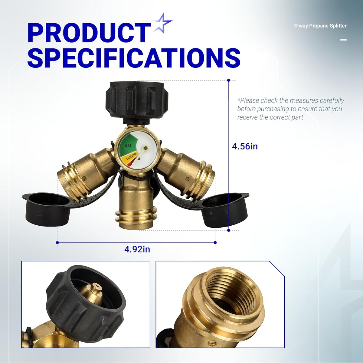 3-way propane splitter with gauge and dimensions showing QCC/POL connector specifications.