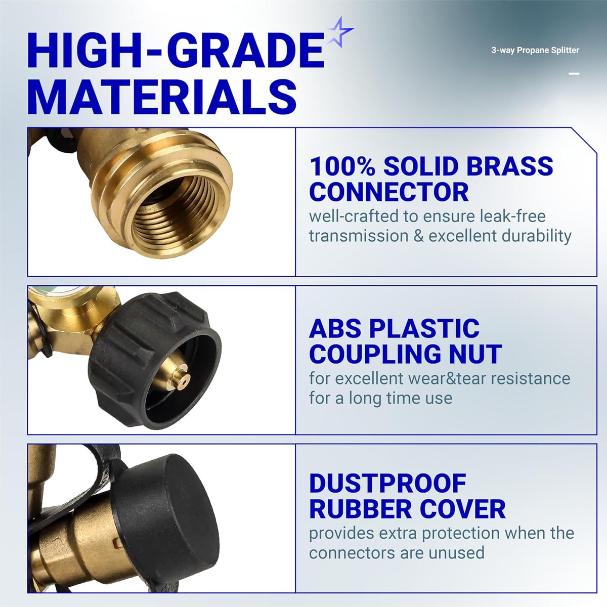 Close-up details of 3-way propane splitter showing solid brass connector, ABS plastic coupling nut, and rubber dust cover.