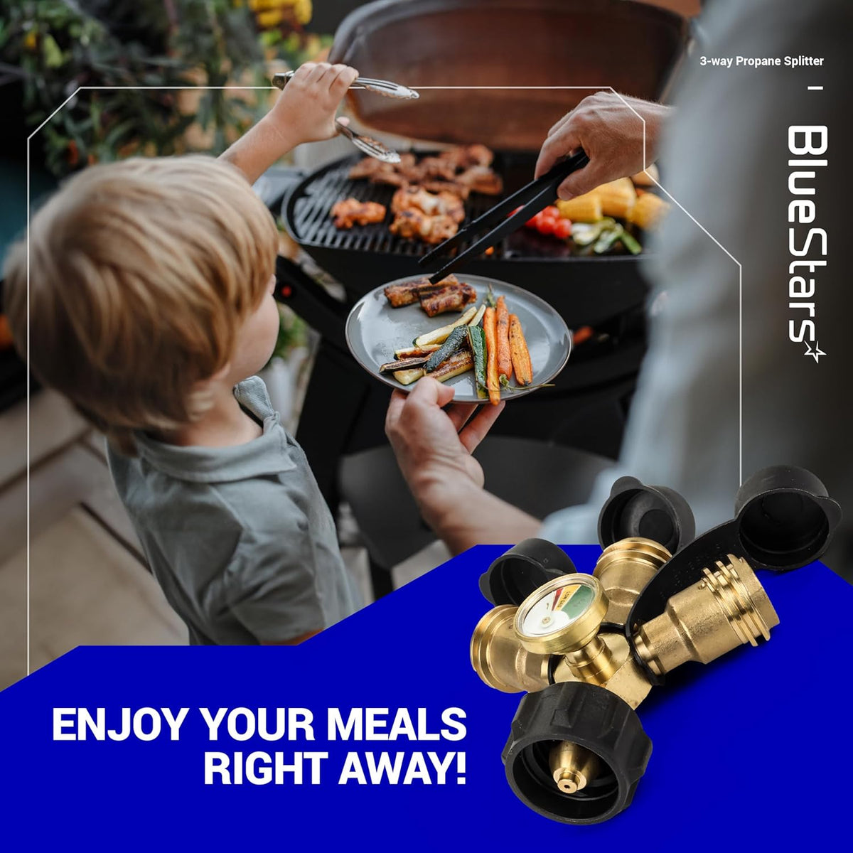 3-way propane splitter with gauge and shut-off valve shown in a lifestyle graphic for outdoor grilling.