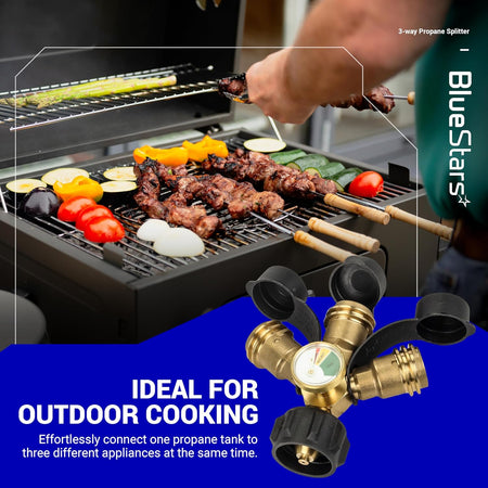 3-way propane splitter connector with pressure gauge and shut-off valves for outdoor cooking appliances.